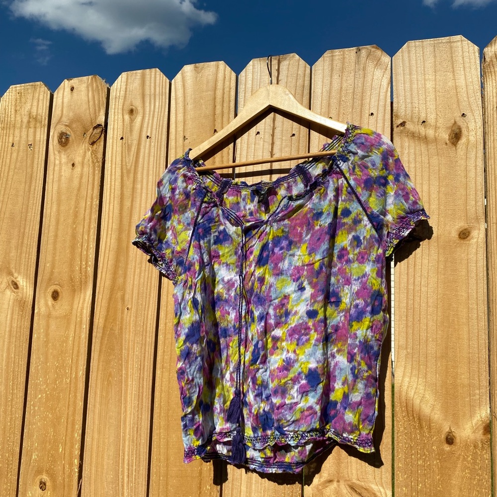 Y2K Jessica Simpson Semi Sheer Boho Bohemian Artsy Abstract Top size Medium